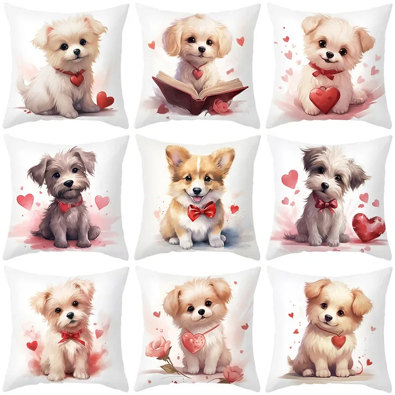 40/45/50/60cm Cute Pet Dog Printed Cushion Cover for Sofa Valentine's Day Love Animal Pillow Cover Home Decor Waist Pillowcase