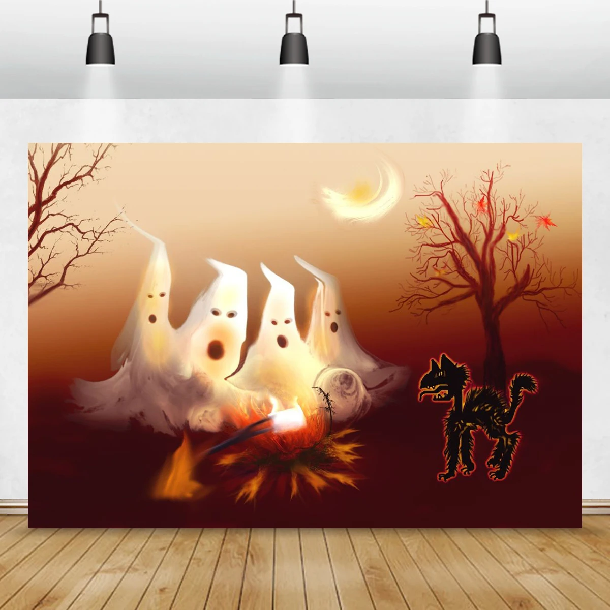 Happy Halloween Background Ghost Fire Backdrop Scared Cat Photography Family Kids Dressed Up Party Banner Festival Decoration