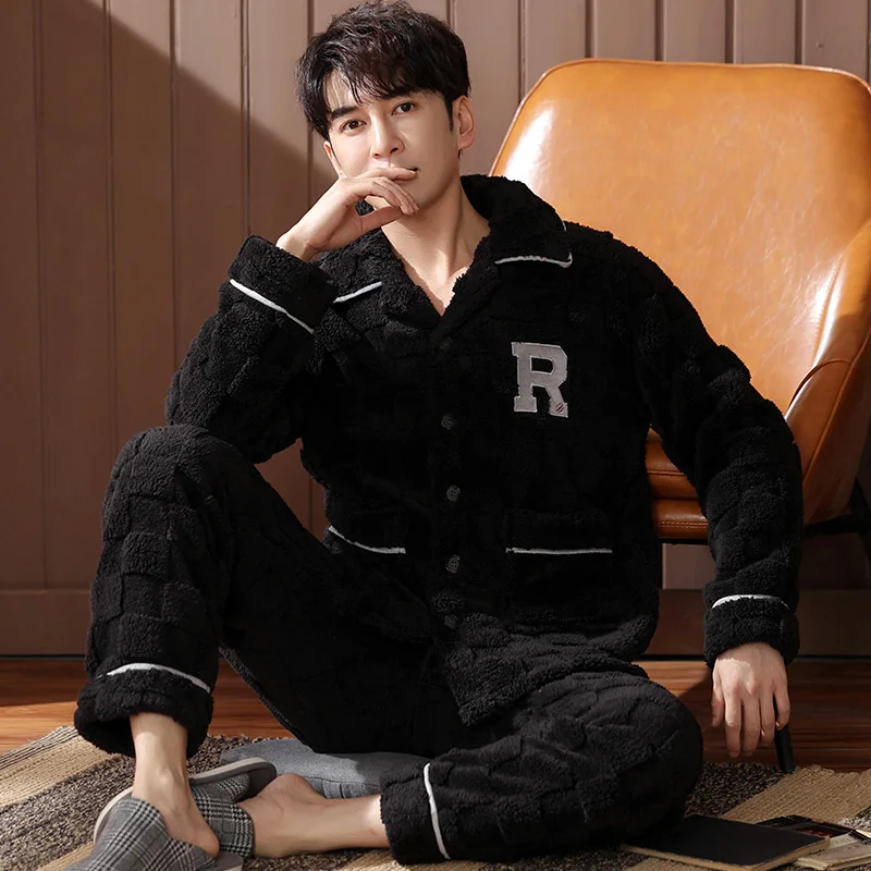 M-4XL Men Pajamas Set Winter Thick Warm Flannel Pyjama Male Long Sleeve Turn-down Collar Sleepwear
