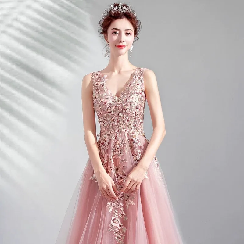 2025年新作 ピンク Vネック エレガント ウェディング 卒業パーティー ドレス