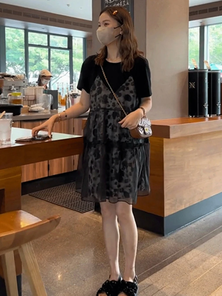 Ele Loose Fitting ort Sve للنساء Dr طول الركبة يخفي البطن Slimmingsmall sizeA - إطار عالي الخصر تصميم Summe...