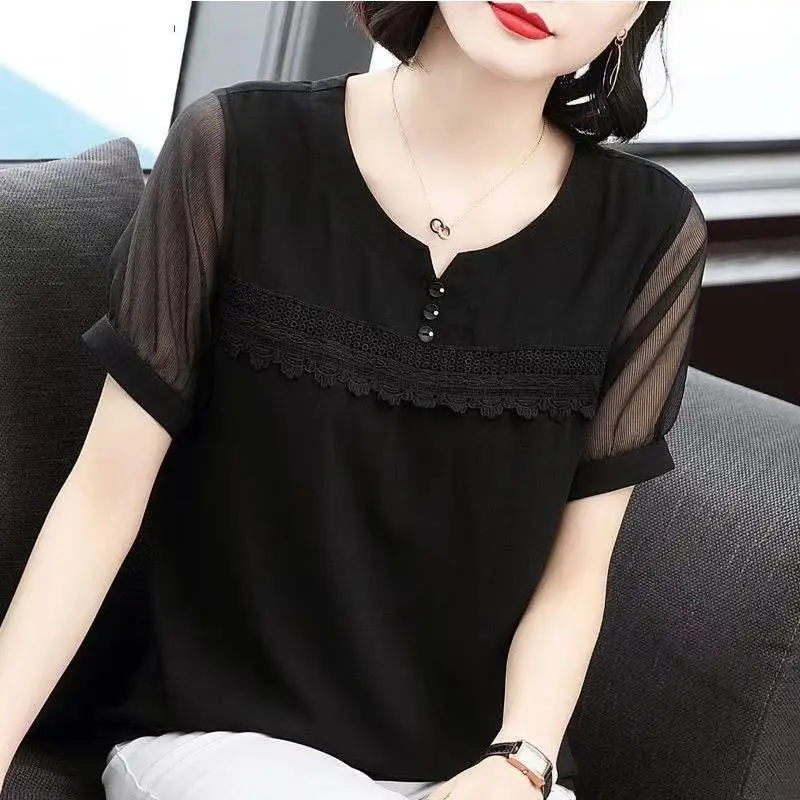 New Summer Women\'s Solid O-Neck Short Sleeve Loose Plus Size Classic Blouse Patch Lace Fashion Casual All Match Commute Tops