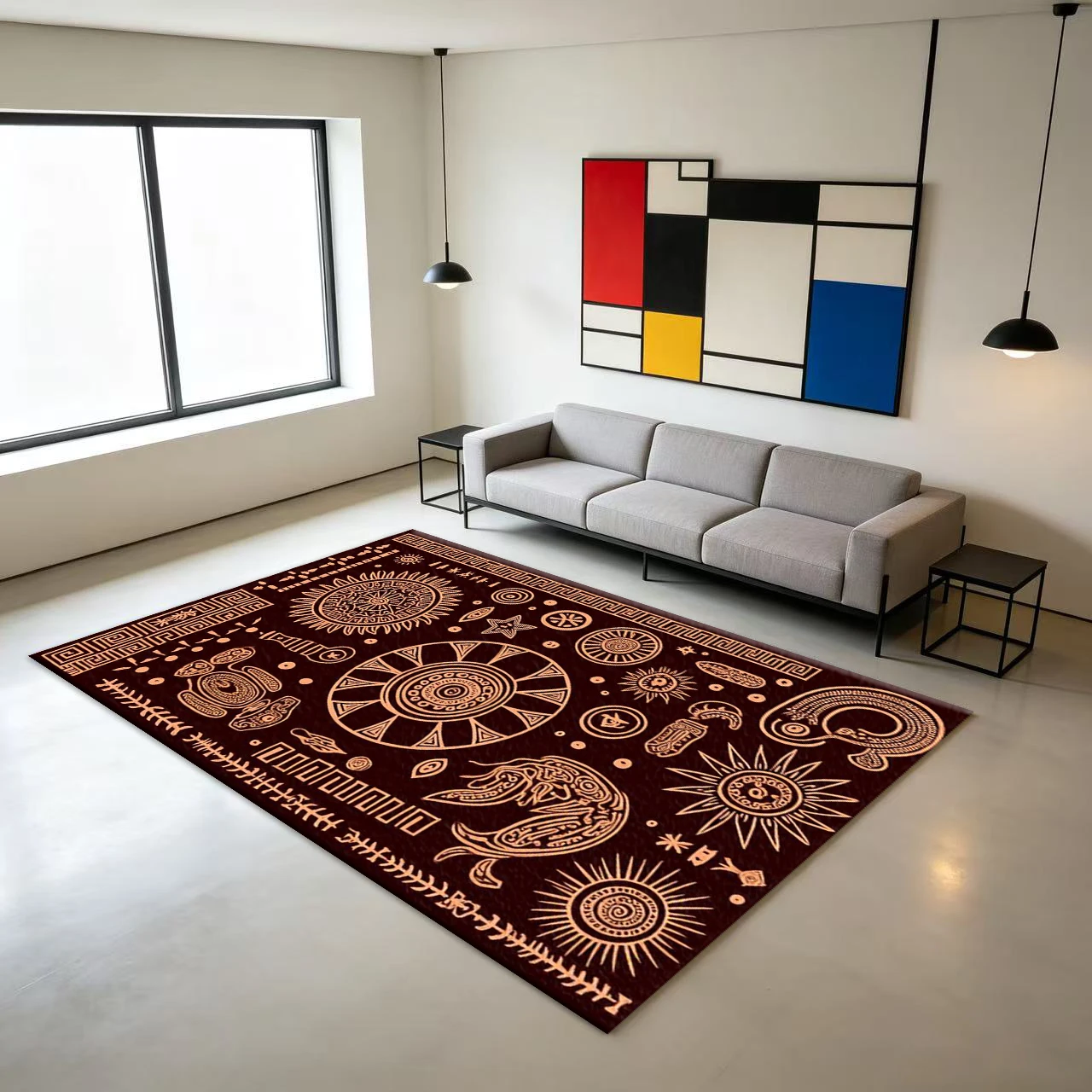 Ancient Tribal Sun Totem Ethnic Pattern Carpet, Vintage Bohemian Style Carpet, Non-Slip Floor Mat Suitable for Home Interior Decoration