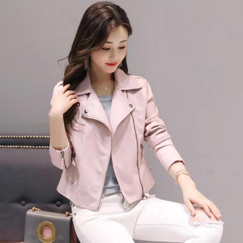 Spring Autumn Short Women's Pink Leather Jacket Slim Fit Stylish Korean Style Motorcycle Jacket Affordable Price New 2025 Model