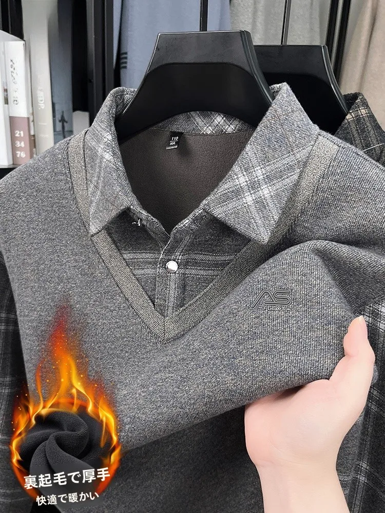 

Мужской теплый свитер с длинным рукавом, вязаный, на флисовой подкладке, с воротником, в стиле Dad, для зимы, повседневная модная одежда