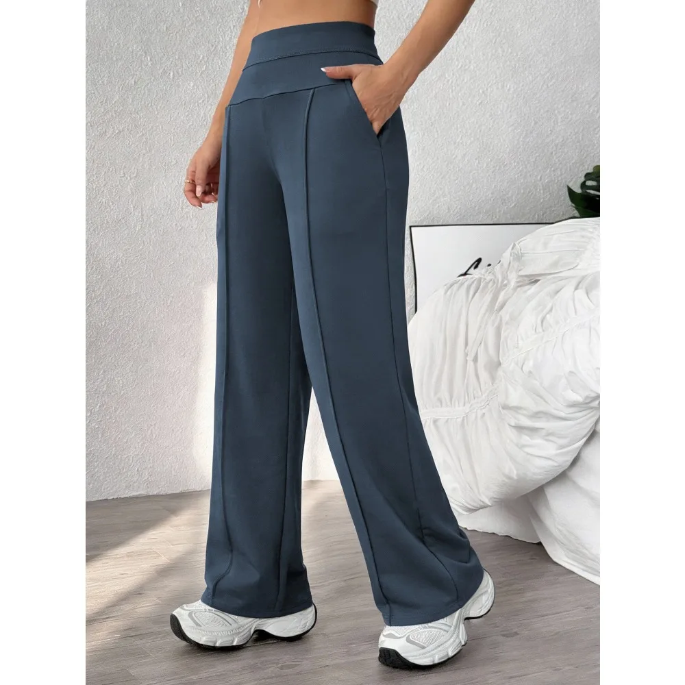 Women's Plain Loose Straight Leg Pants, Wide Leg High Waist Sporty Casual Sweatpants with Pockets, Comfortable Daily Wear Casual