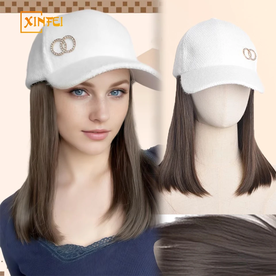 Synthetic Hats And Wigs Women's Plush Rhinestone Baseball Caps In Autumn And Winter Fluffy Fashion Straight Hair Buckle Wig Hats