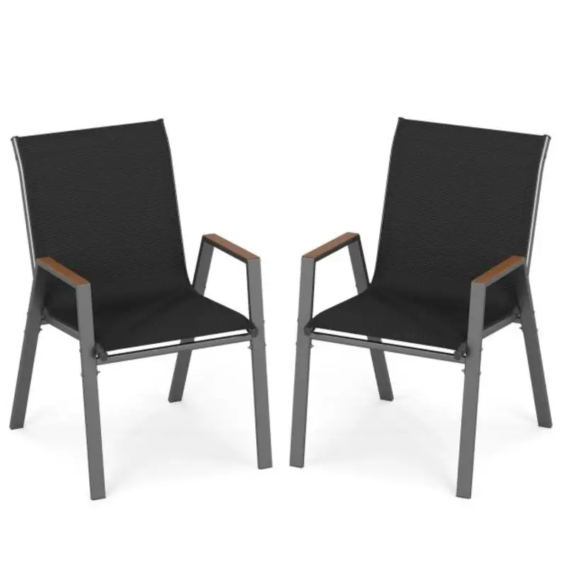 Ensemble de 2 chaises de patio empilables, chaises de salle à manger d'extérieur en tissu respirant avec dossiers hauts, chaise de salle à manger ergonomique rembourrée noire pour cuisine, restaurant, salle à manger, usage quotidien à domicile