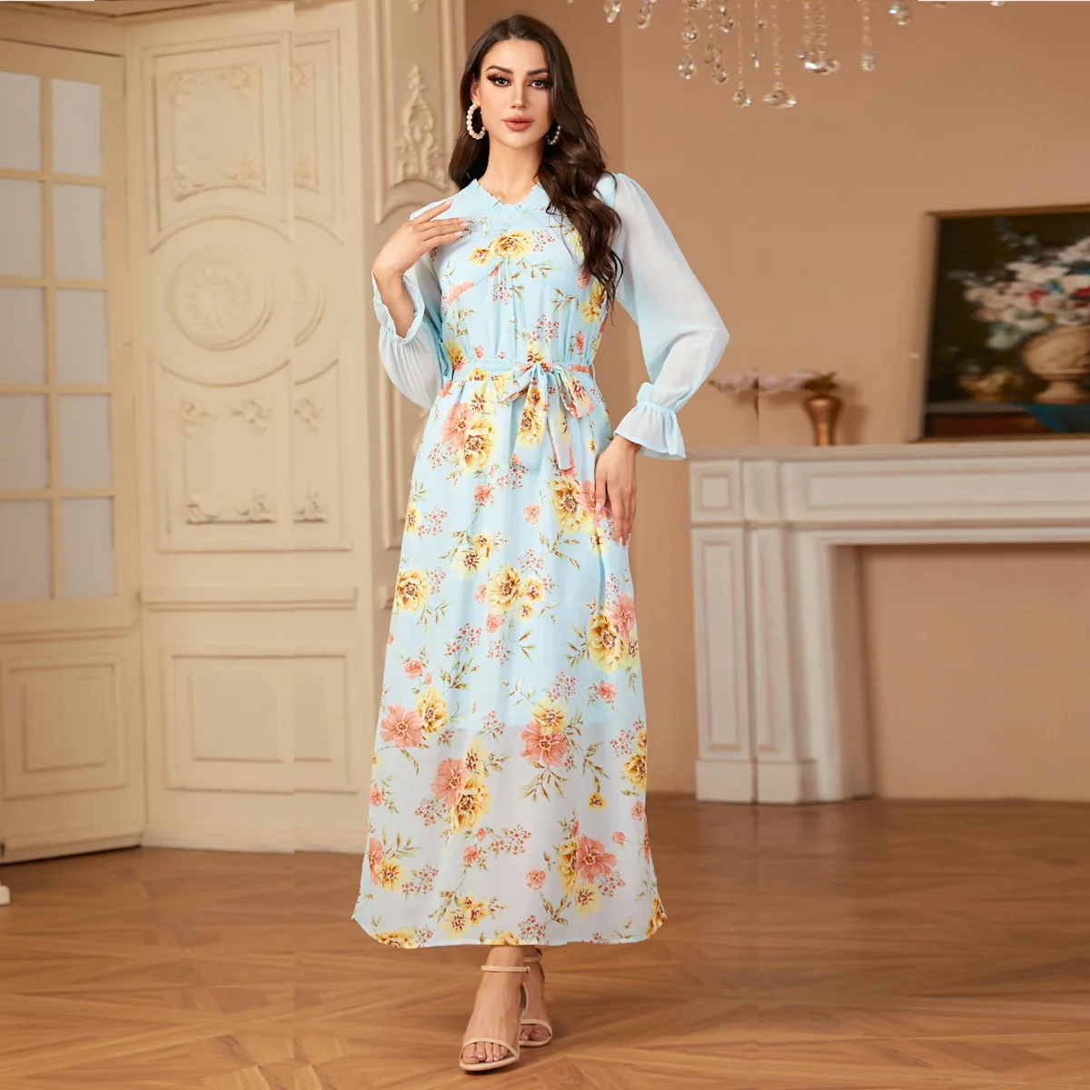 

Maxi Dress Floral Printed A-line Chiffon Fashion Abaya Islamic Clothes Muslim Female Saudi Arabia Dubai Kaftan Long Dress Summer