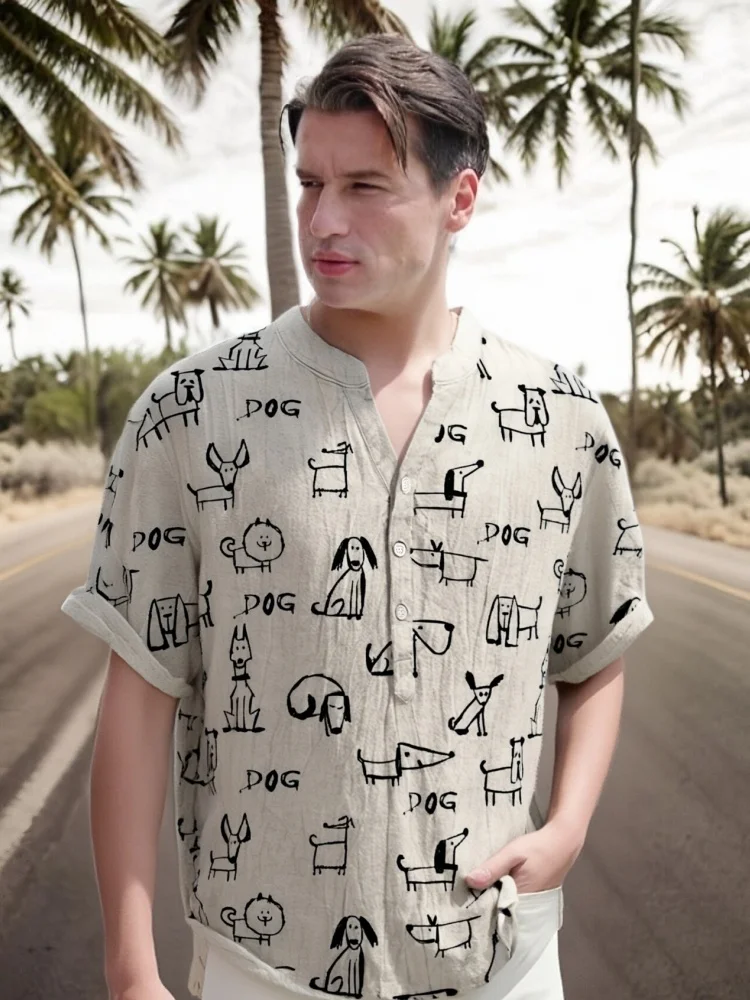 

Мужская рубашка с принтом абстрактных художественных собак, повседневная свободная блузка с v-образным вырезом и коротким рукавом в стиле ретро, летние каникулы, туники с половиной пуговиц, топы