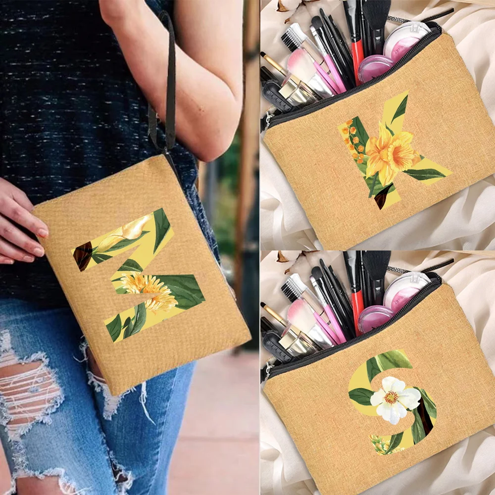 Bolsa de maquillaje para mujer, neceser de lavado con cremallera, imitación de algodón, organizador esencial de viaje, serie con estampado de flores en Color