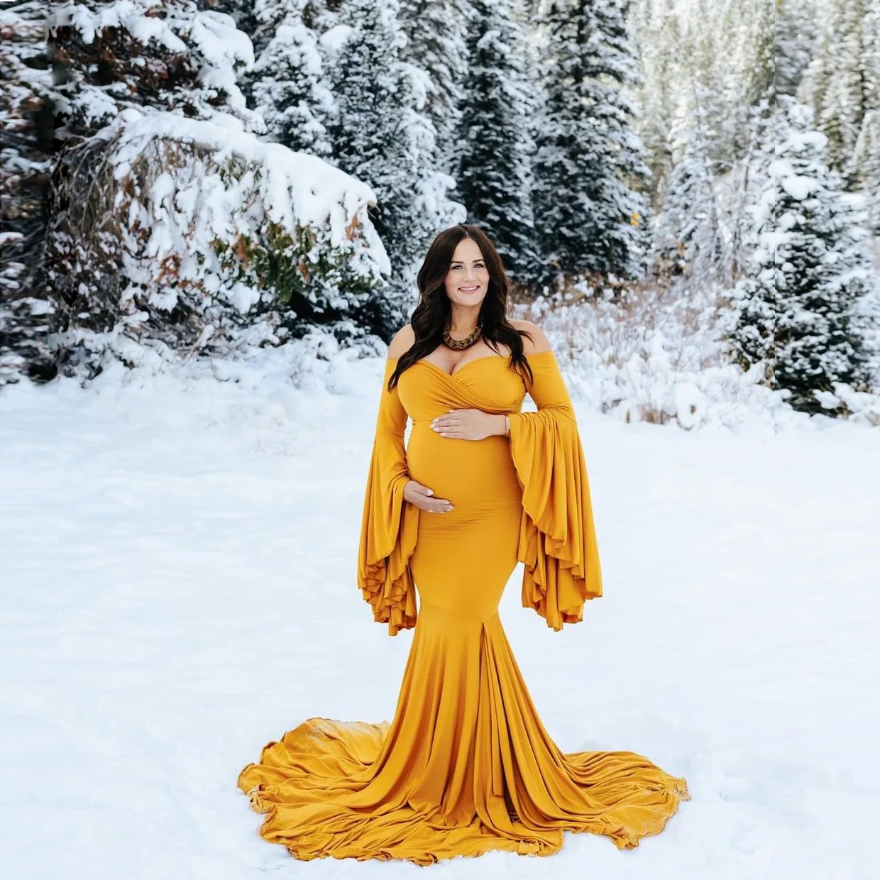 Maternity Photography Props Maternity Gown Photo Shoot Sexy Boho Shoulderless Bell Sleeves Maxi Long Dress Pregnancy Mermaid