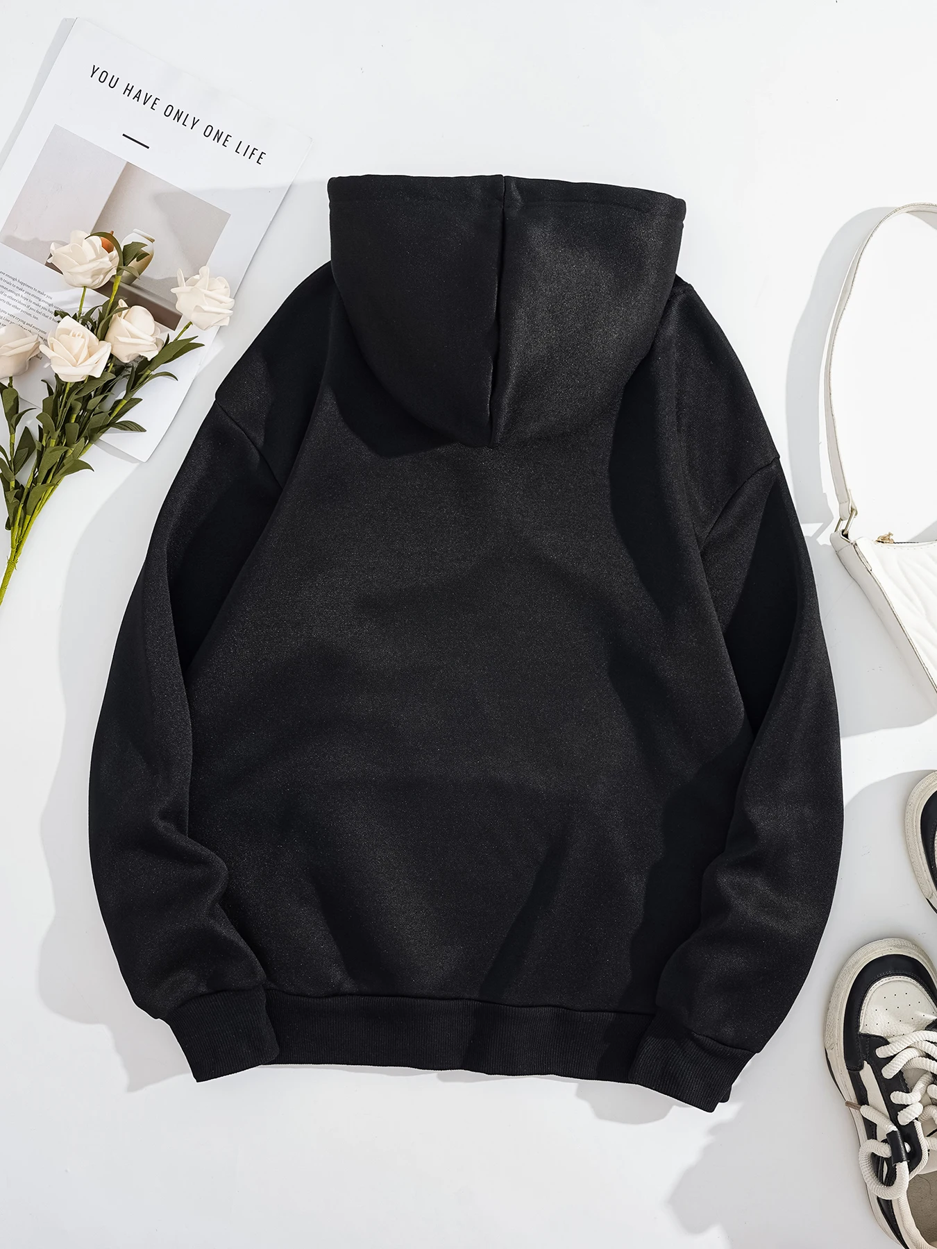 Women's long-sleeved drawstring hooded loose-fitting pullover with letter-print pattern