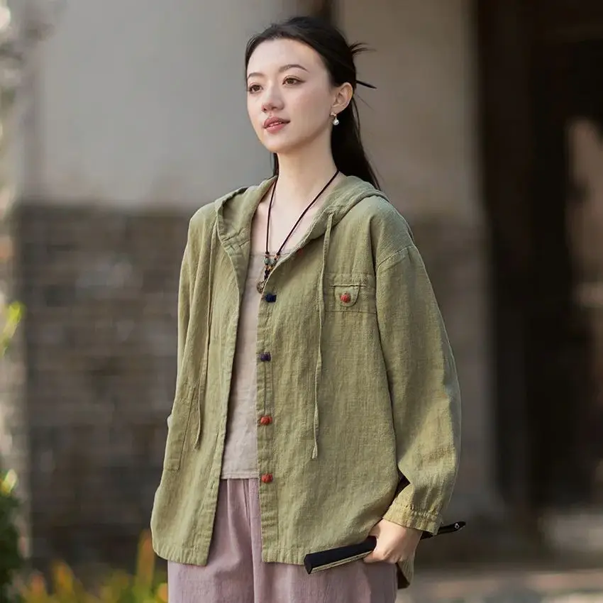 

Свободная повседневная женская рубашка-топ с капюшоном, контрастными вставками и застежкой на пуговицах, с защитой от солнца, из смесового хлопка и льна с эффектом песочной стирки, верхняя одежда