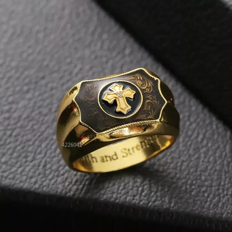 New Creative Gold Color Artificial Black Onyx Cross Faith and Strength Ring for Men Party Charm Gift Wholesale Anillos Кольца