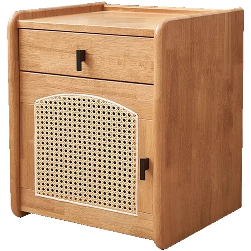 Nordic all solid wood bedside table Japanese rattan rubber wood bedside table Bedroom bedside storage locker Small cabinet