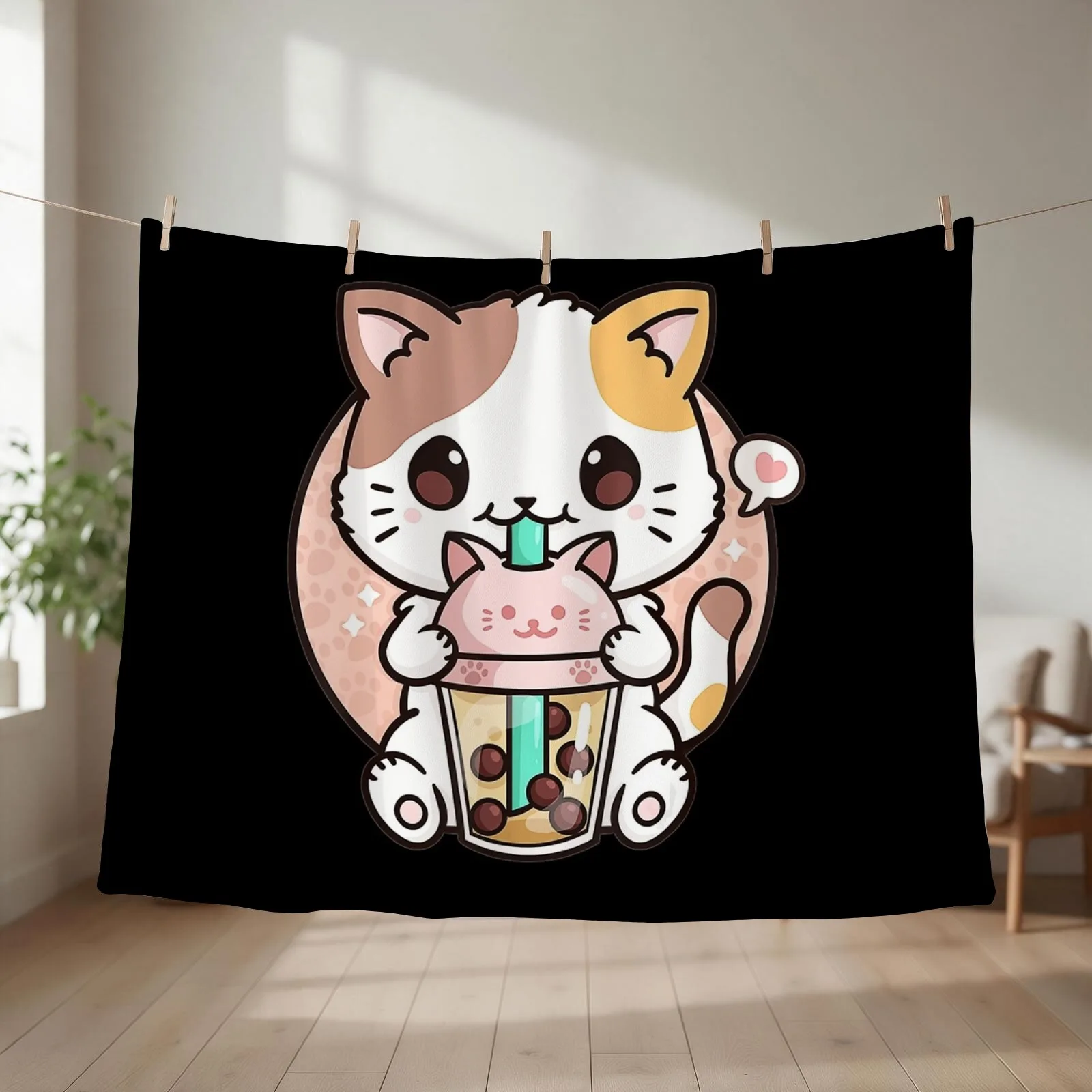 Cat Boba Tea Bubble Tea Anime Kawaii Japanese Girls Teenager Throw Blanket couch cozy soft plush fuzzy picnic outdoor blanket