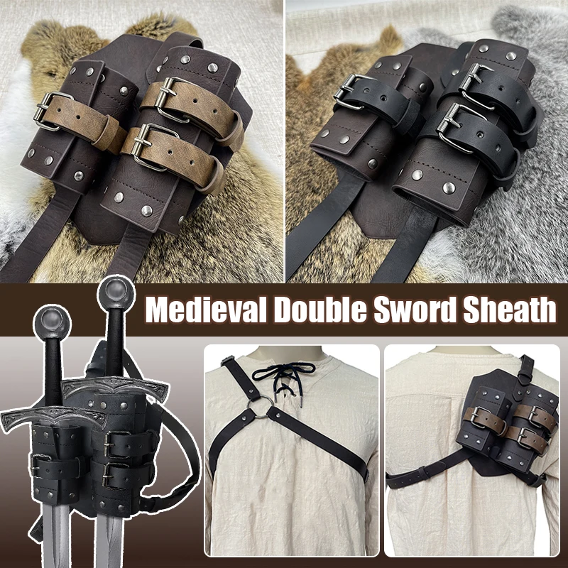 Medieval Viking Knight Shoulder Strap Double Sword Holder Sheath Scabbard Men Larp Knight Weapon Cosplay Rapier Belt Holster