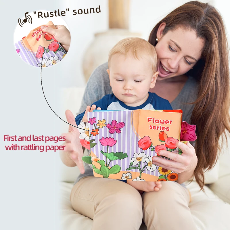 Baby-Stoffbuch, Puzzle-Spielzeug, frühe Bildung, Aufklärung, Kognition, waschbar und langlebig, 4-seitige Blumenserie, Geschenke für Neugeborene