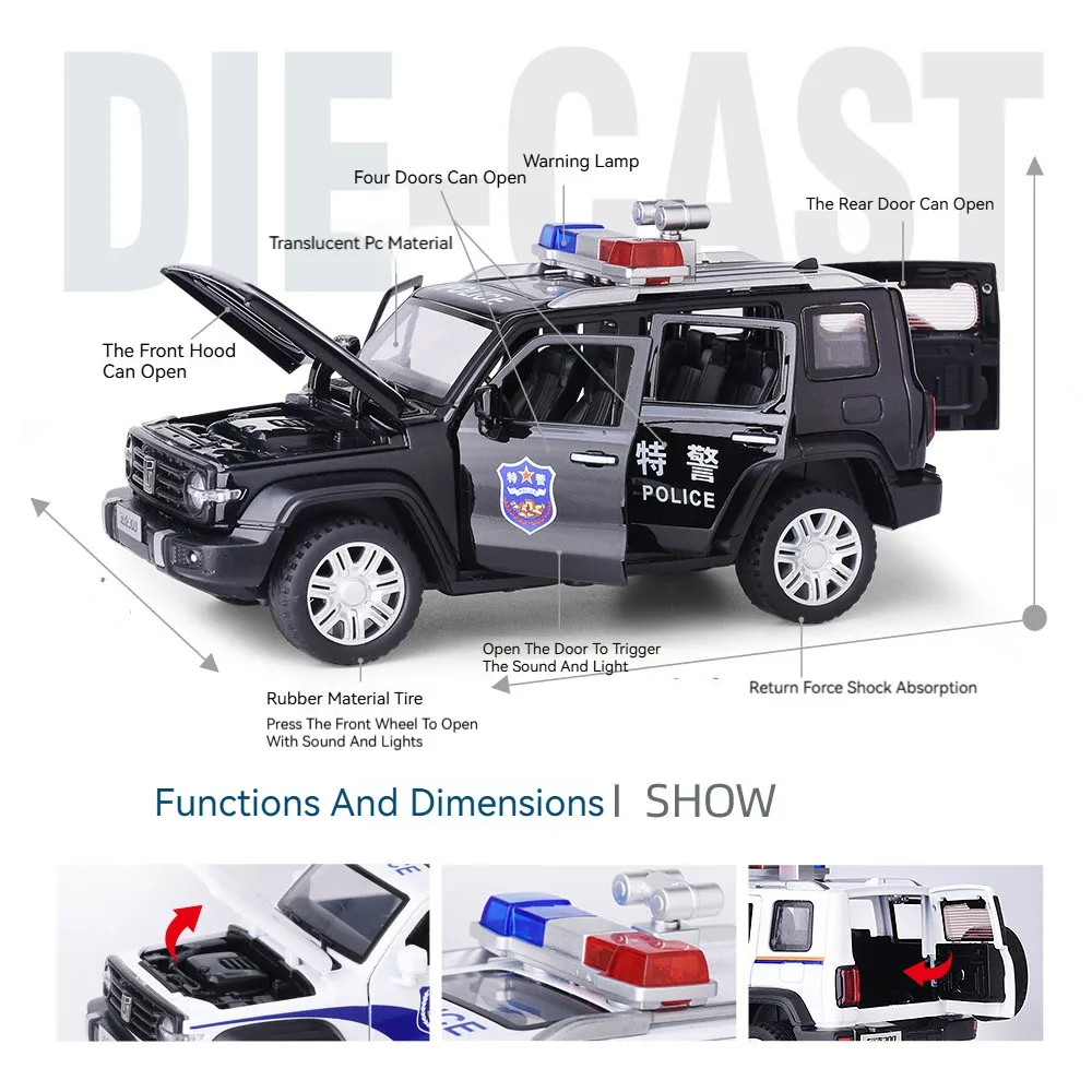 1:32 escala tanque 300 divo polícia modelo de carro brinquedos metal diecast veículo em miniatura som luz portas abertas puxar para trás para meninos presentes