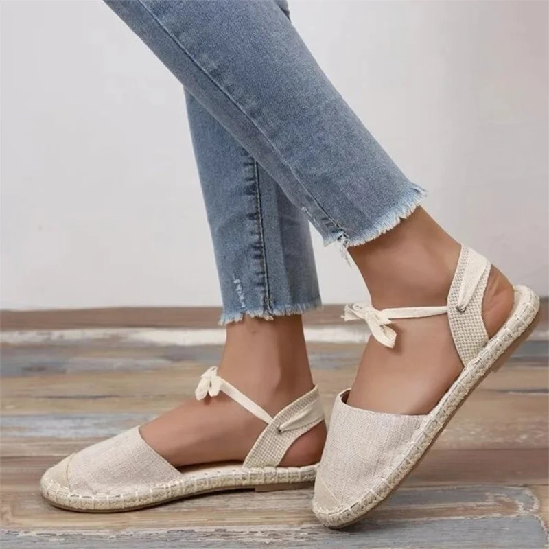 Shoes for Women Hemp Rope Bottom Ladies Sandals Flat Shoes Women Strappy Fisherman Sandals Women Spring and Summer Lace Students