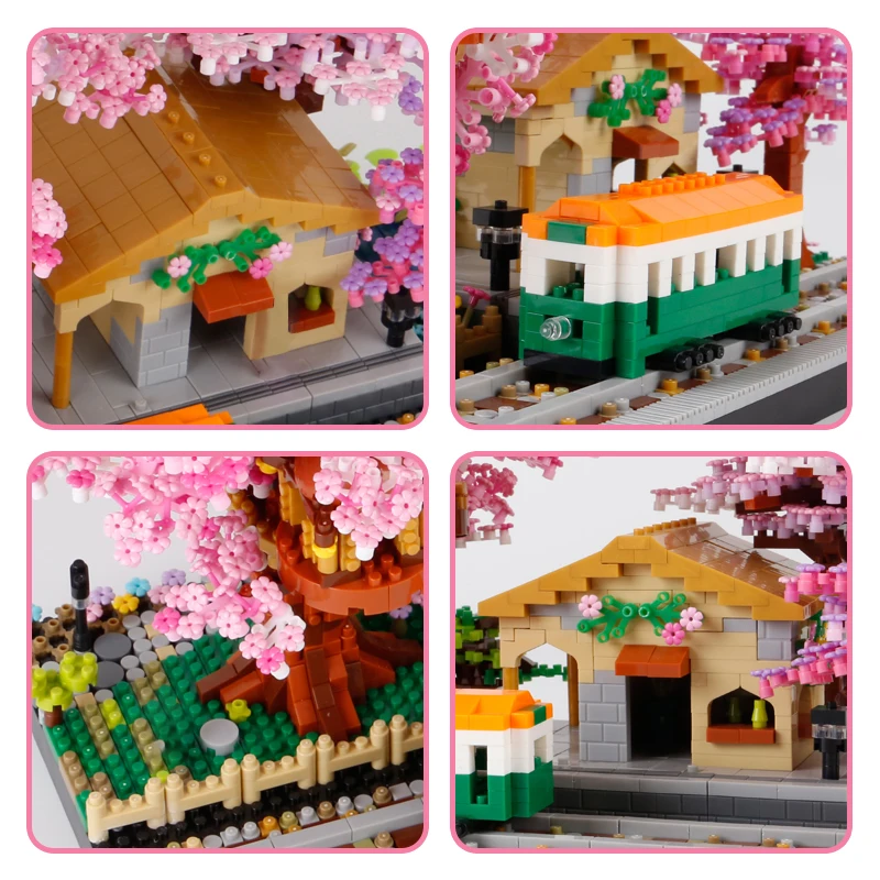 Sakura House Tree Trains With Lights Building Blocks Kids Toys City Street View Assemble Bricks Creative Gift For Girls Boys