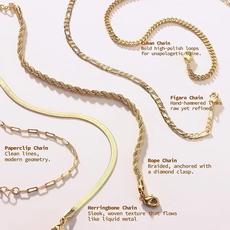 5Pcs Gold Color Bracelet Stack Trendy Non Tarnish Waterproof Bracelets for Women Paperclip Herringbone Figaro Cuban Twist Chains