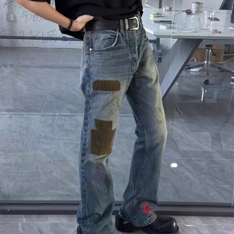 

Depred Rich Second Generation Denim Jeans Patch Work Casual Straight Leg Loose Fit Summer Youth mid Waist Long Trousers
