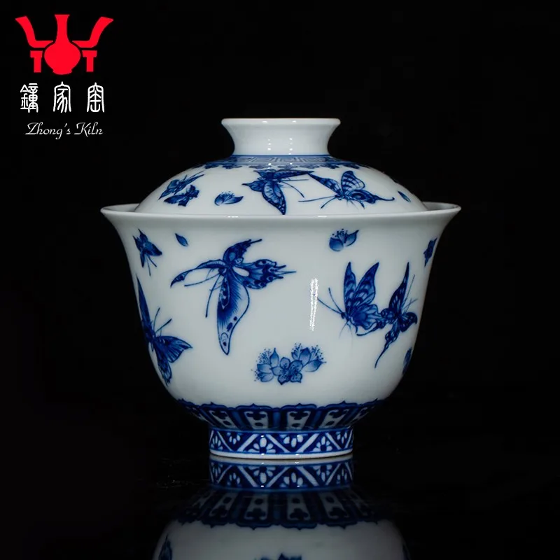 Zhongjia Kiln Ceramic Gaiwan Tea Cup Jingdezhen Blue and White Wood Kiln Cover Bowl Hand Painted Butterfly Picture Small Tea Bre