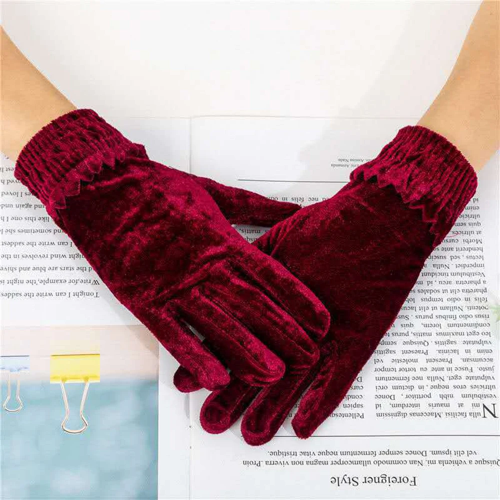 

Outdoor Party Solid Soft Women Warm Driving Gloves Full Finger Mittens Elastic Gold Velvet Gloves