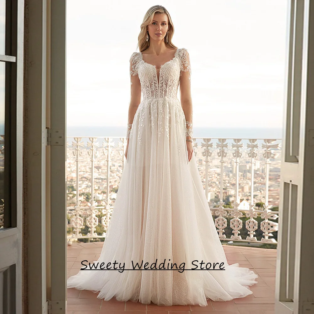 Customized Long Sleeves V Neck Wedding Dress Sparkling Beading Applique See Through A Line Glitter Bridal Gown Sweep Train