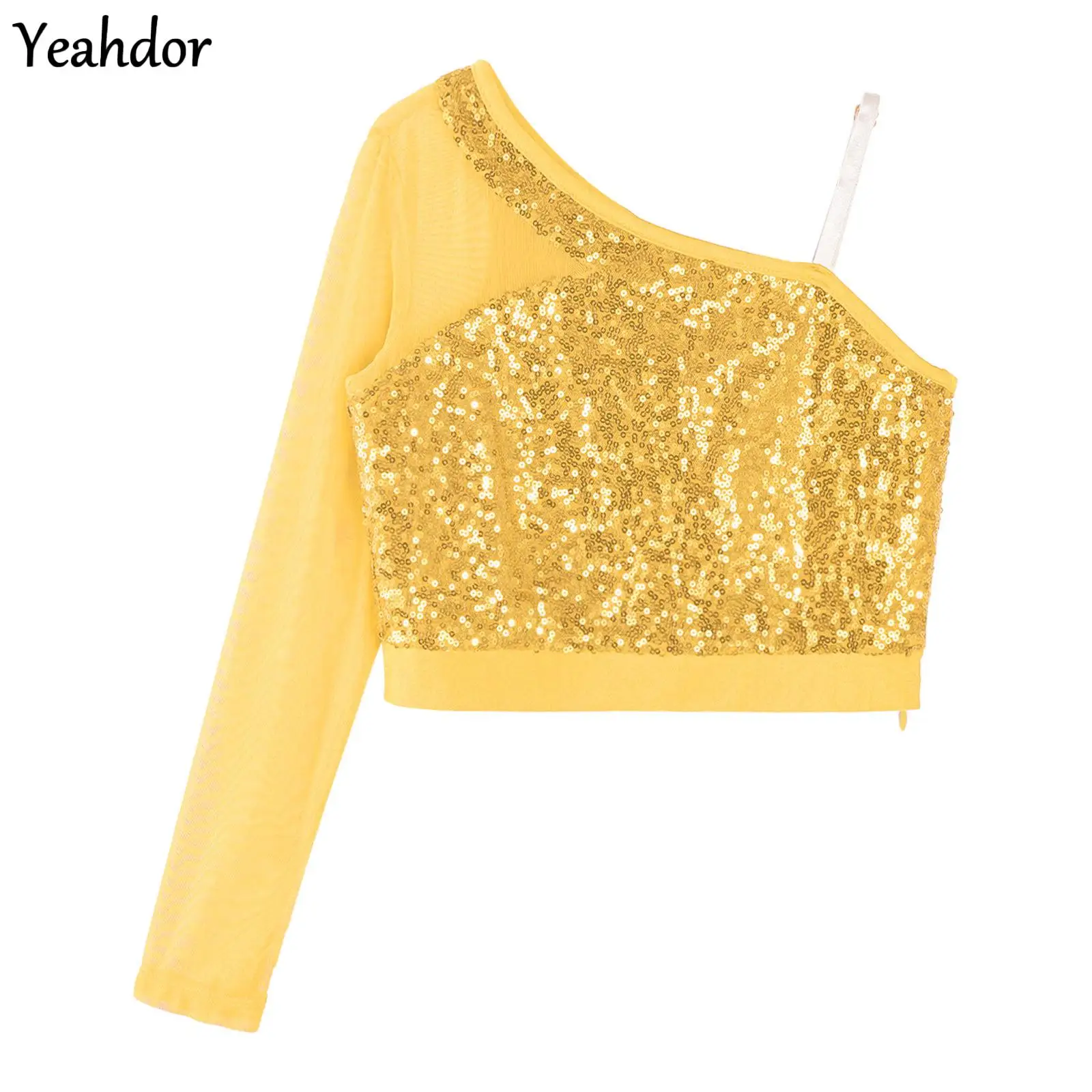 

Girls Shiny Sequin T-shirt Sheer Mesh One Shoulder Sleeve Crop Top Cheerleading Performance Street Hip Hop Jazz Dance Costume