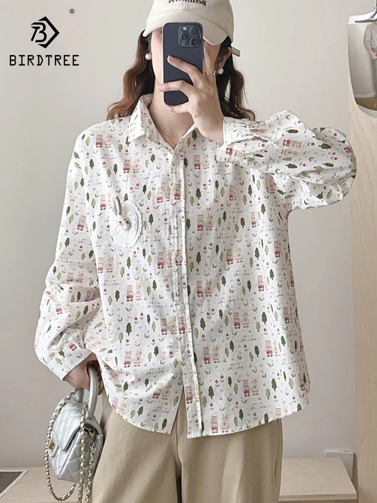 

Новая женская хлопковая рубашка с длинным рукавом Весна 2026, с отложным воротником, милым принтом, в стиле Mori Girl, японский преппи-стиль, свободная блузка T62357CC