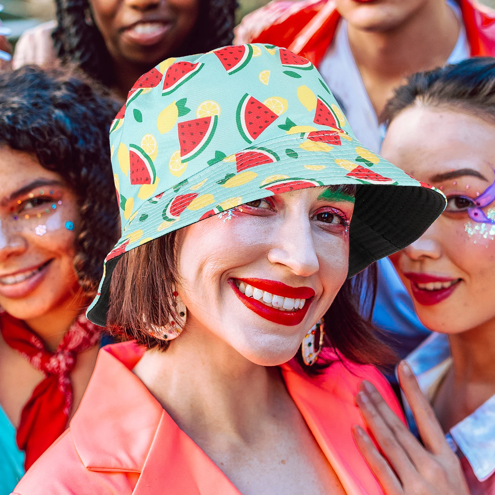 

Watermelon Print Bucket Hat Women Men Teens Reversible Summer Cap Outdoor Travel 56 58cm Green Size Cute Pattern Stylish