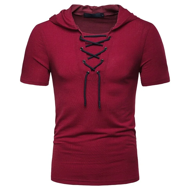 New European And American Men\'s Hooded Loose Tie Up Hip-hop Casual Short Sleeved T-shirt