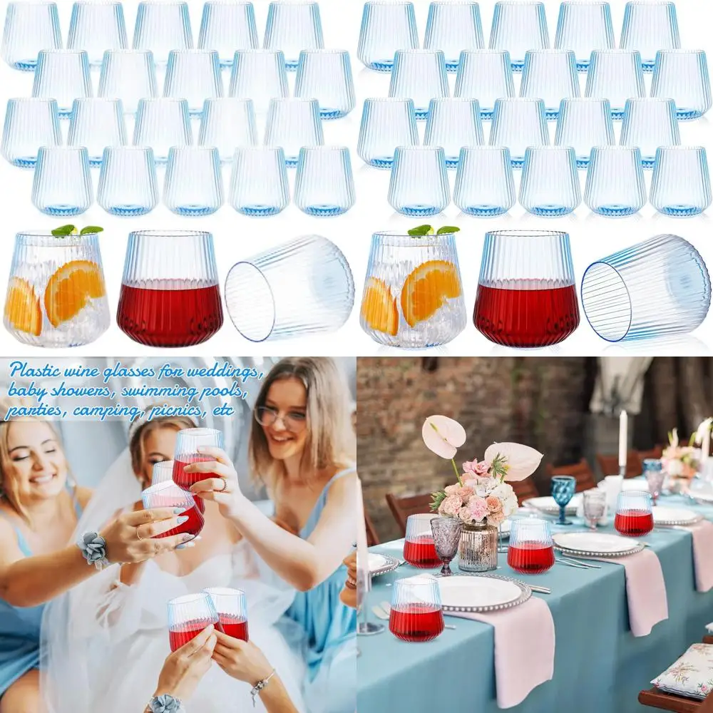 

50 Pack Blue Plastic Stemless Wine Glasses, 14oz Ribbed Design, Unbreakable for Outdoor and Indoor Use, Ideal for Parties and Ce