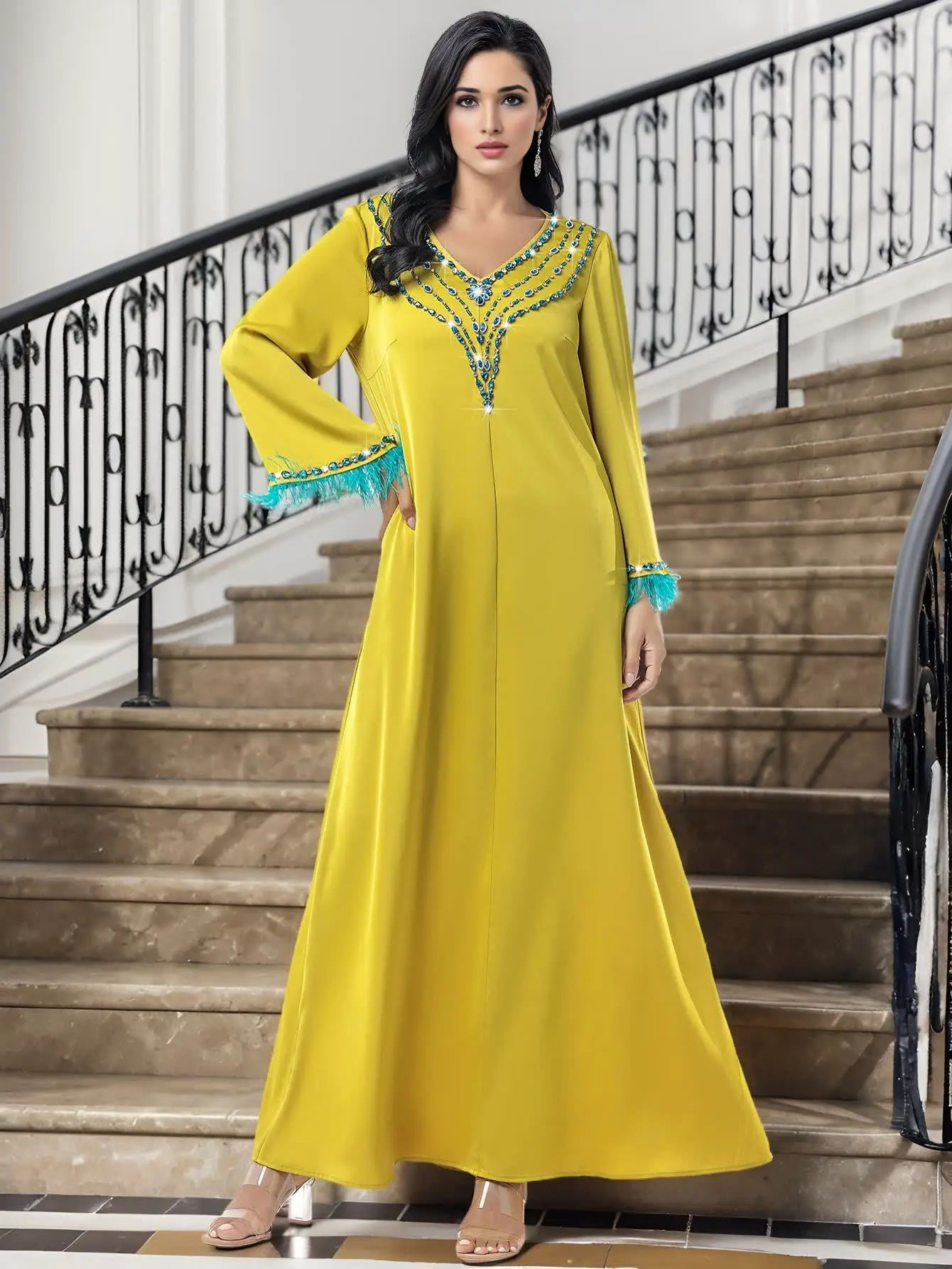 

Eid Mubarak Muslim Diamond Robe Patchwork Feather Women Dress Kaftan Caftan Arab Abayas Eid Ramadan Loose Caftan Party Vestidos