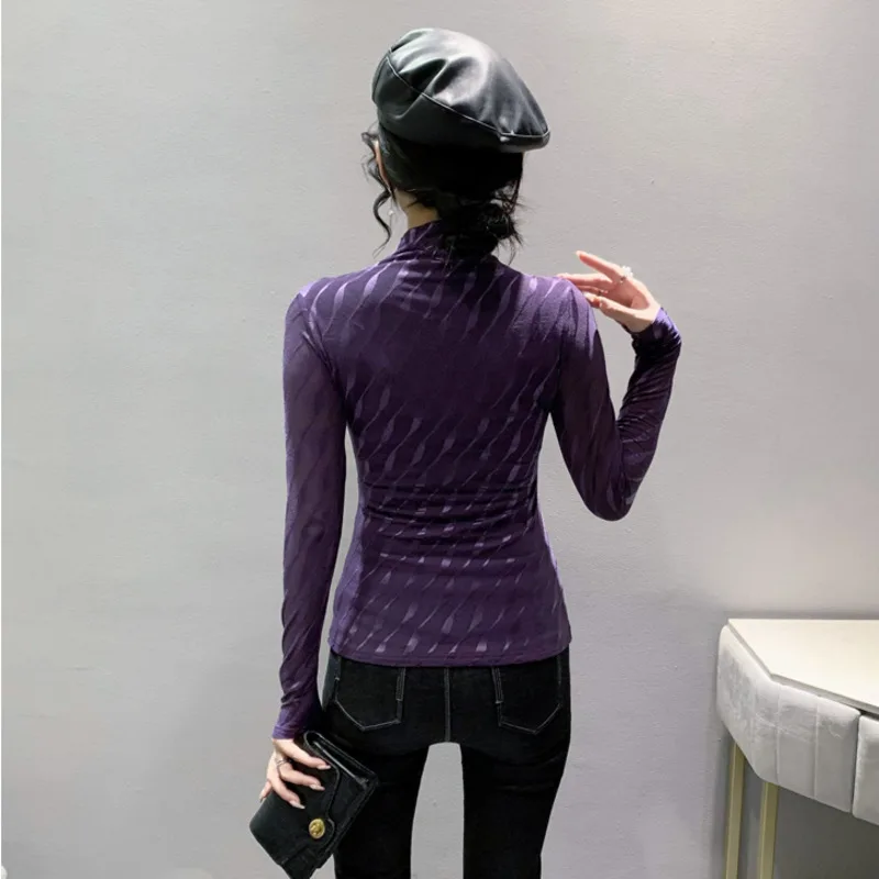 #8001Stretch Mesh T Shirt Women Thin Sexy Perspective Turtleneck T-shirt Female Tight Korean Style Tee Shirt Femme Spring Autumn