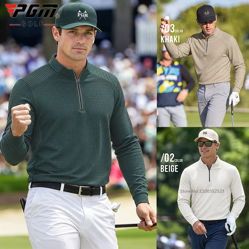 Pgm Spring Autumn Polo Shirts Men Long Sleeve Zipper Collar Golf Shirt Breathable Anti-Sweat Casual Golf Tops Waffle Texture