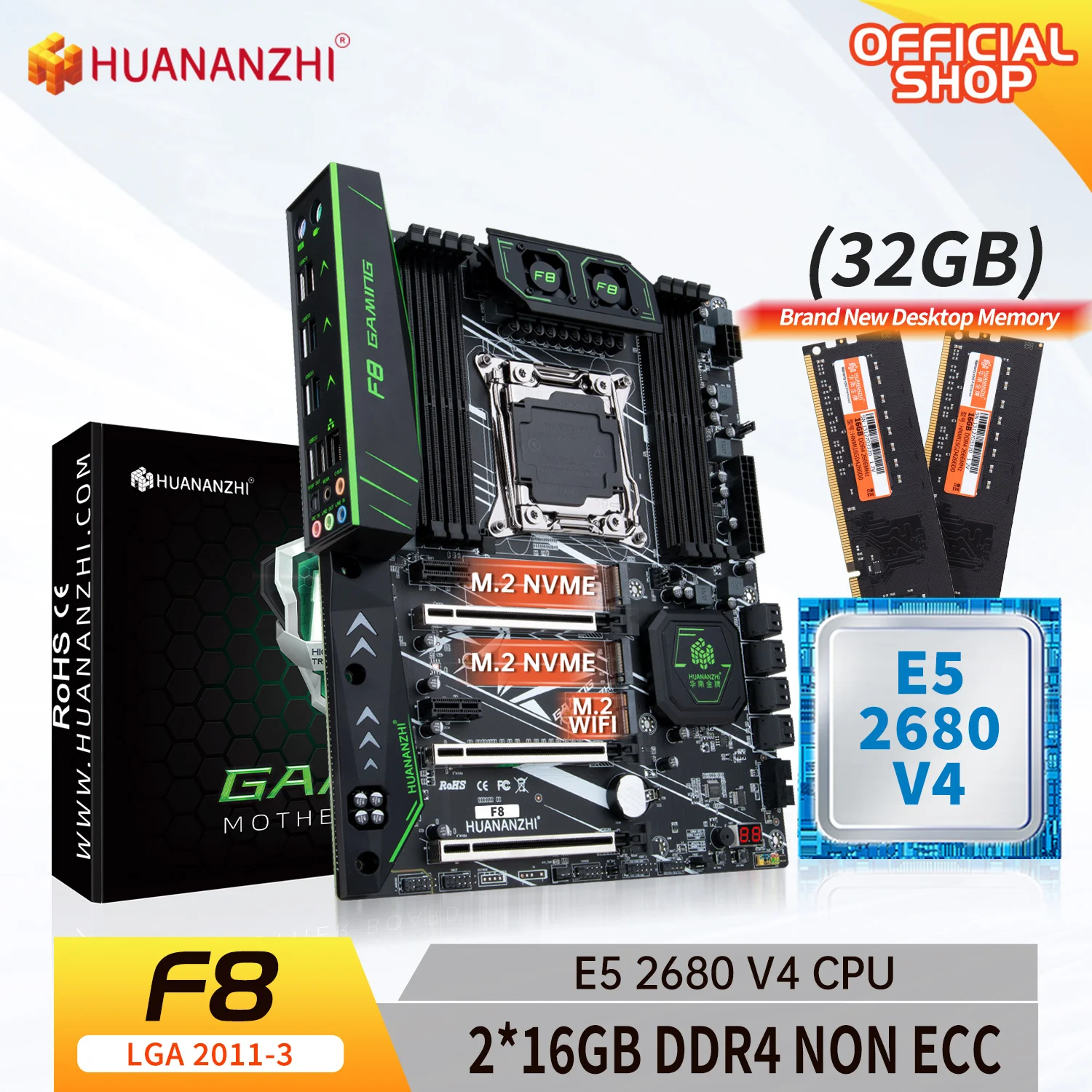 HUANANZHI X99 F8 LGA 2011-3 XEON X99 Motherboard with Intel E5 2680 v4 with 2*16G DDR4 NON-ECC memory combo kit set NVME SATA RU