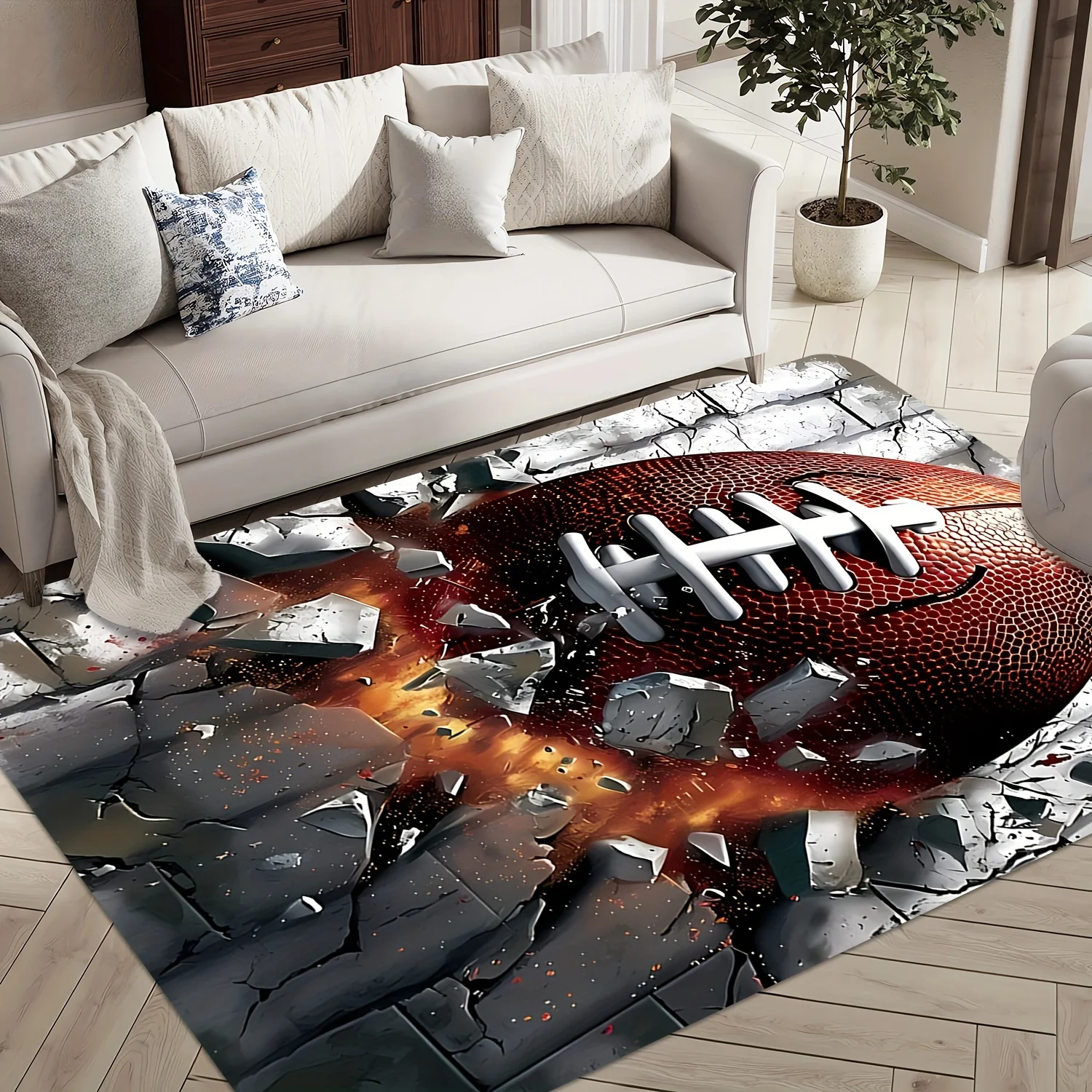 3D Football Breakthrough Area Rug Non Slip Washable Mat For Living Room Bedroom Game Room Sports Decor
