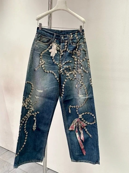 

Женские джинсы South Oil High-Definition: Новинка ранней весны, 3D-печать, эффект иллюзии кристаллов, универсальные, с вертикальной высокой талией, широкие штанины