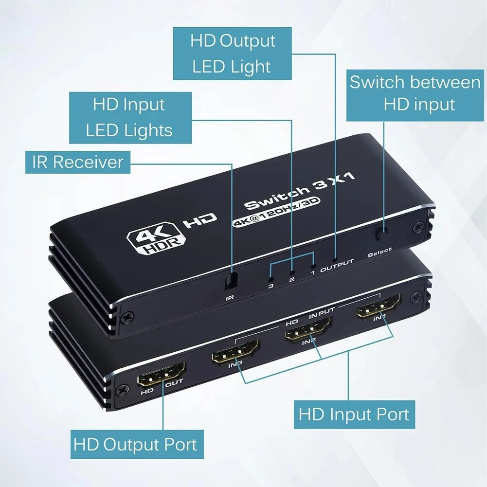 HD-Compatible Switcher Splitter IR Remote Control Support Switch Three Switching Modes Switcher 4K 120Hz for PC/TV Box/PS 4/5