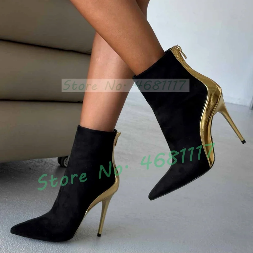 

Mirrored Suede Patchwork High Heel Ankle Boots Women Pointy Toe Curved Design Shoes Sexy Girls Back Zipper Chic Two Tone Booties