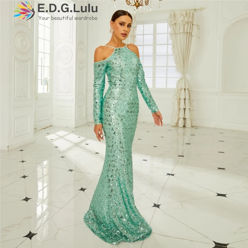 EDGLuLu High Quality Green Sequin Women's Elegant Dresses Off Shoulder Long Sleeved Party Long Mermaid Dresses 1219