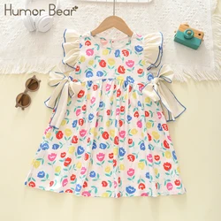 Humor Bear Summer Girls Dress Kids Clothing Little Fresh Retro Print Flying Sleeve Bow Tie Design Princess Dress For 2-6Y