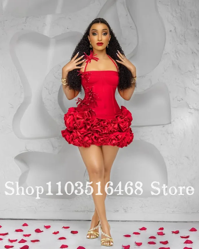 

Red Strapless Cocktail Dress Tutu 3D Flower Decoration Birthday Party Dress Corset Ball Gown Customised