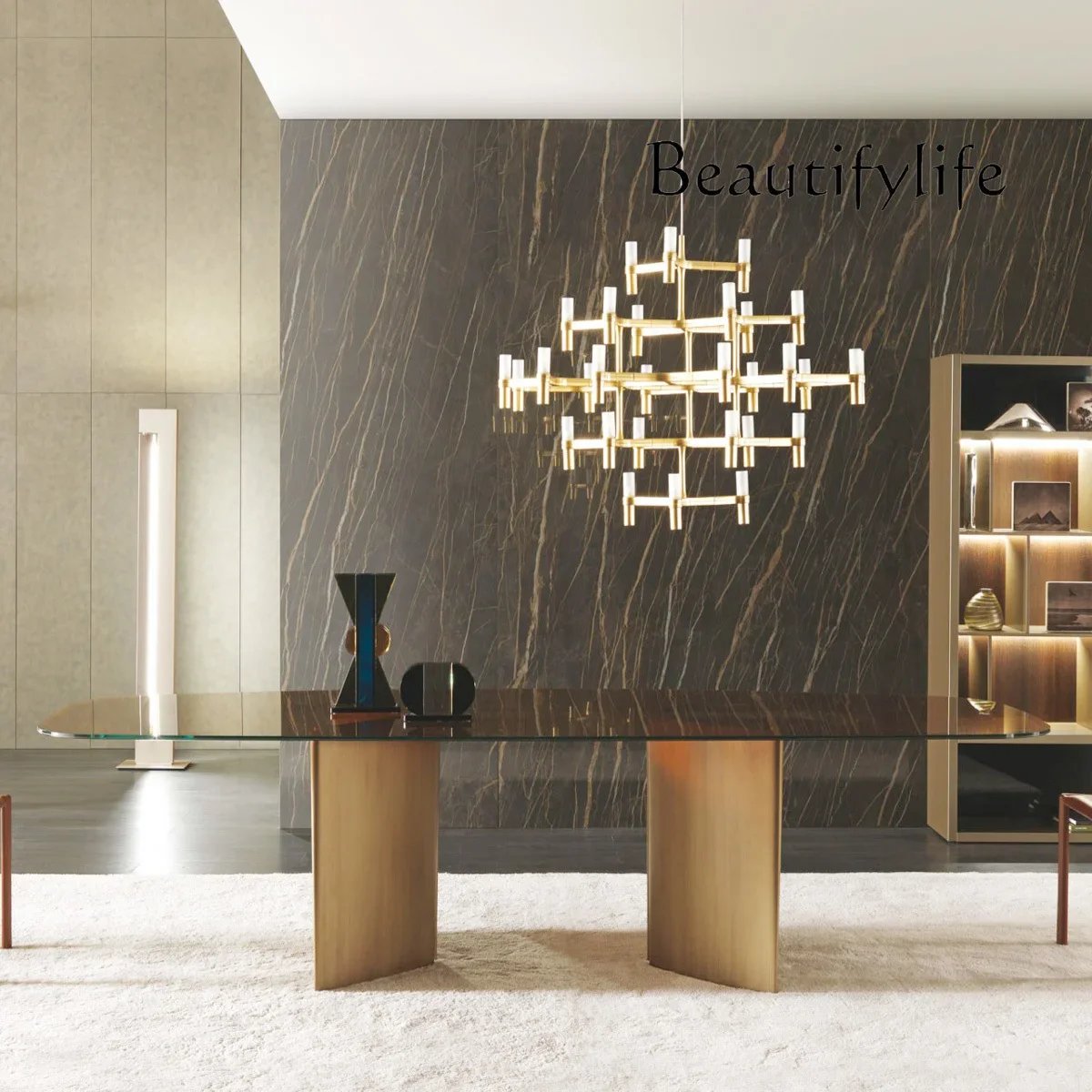 Dining Table Light Luxury Stainless Steel Tempered Glass Dining Table Household Rectangular Dining  Conference Table