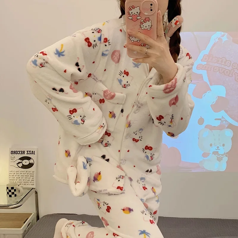 Cartoon Kuromi Women\'s Flannel Pajamas Velvet Thicken Autumn Winter Cute My Melody Cinnamoroll Korean Casual Home Clothes Warmth