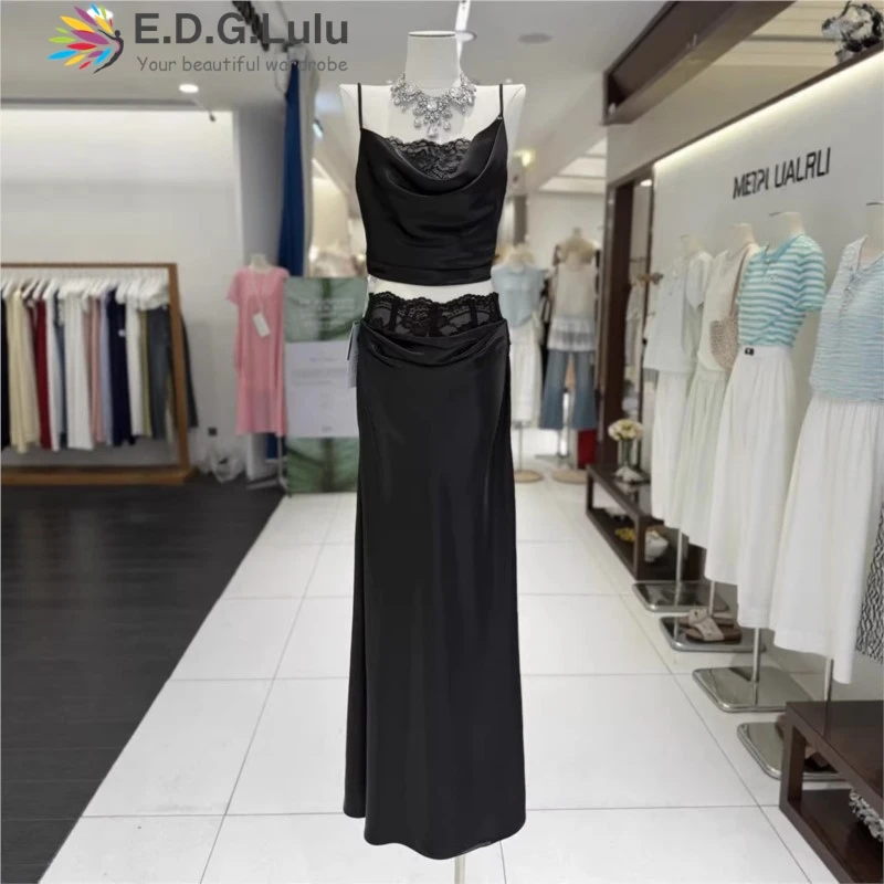 EDGLuLu Women's 2 Piece Set Lace Cami Top+ Satin Long Skirt Elegant Evening Party Outfit Sexy Two Piece  Set For Ladies 0402